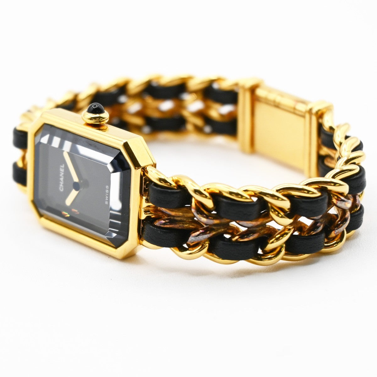 CHANEL Logo Premiere Watch M Size Quartz Gold Plated Leather Swiss Made 620LC637