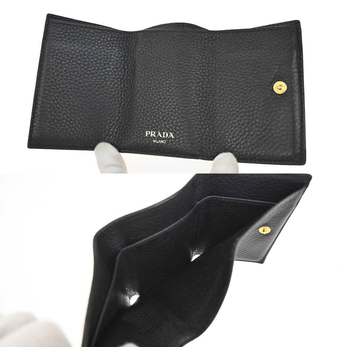 PRADA Logo Mini Compact Trifold Wallet Vitello Leather Black GHW 62YH815