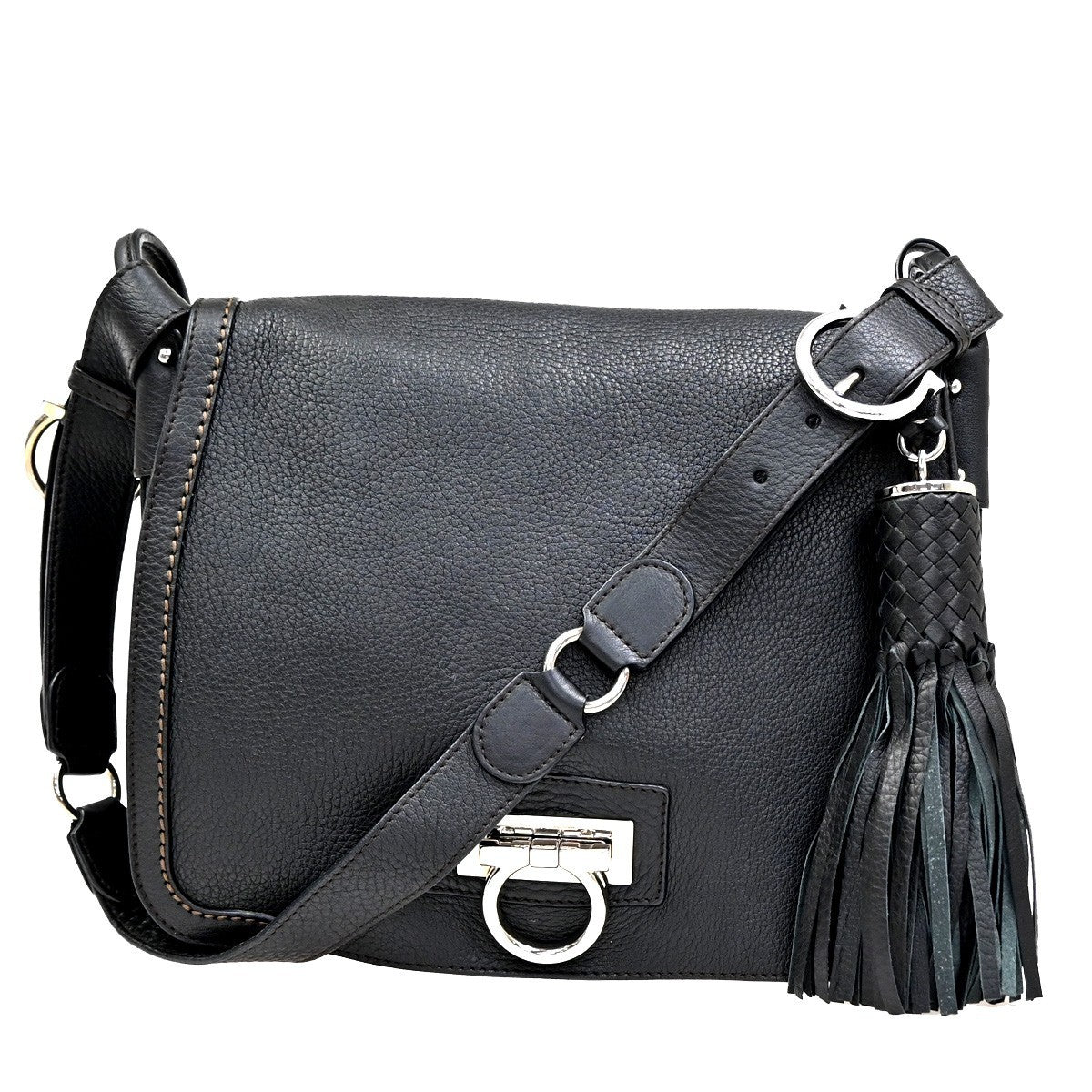 SALVATORE FERRAGAMO Gancini Shoulder Bag Leather Black SHW Italy 34RF978
