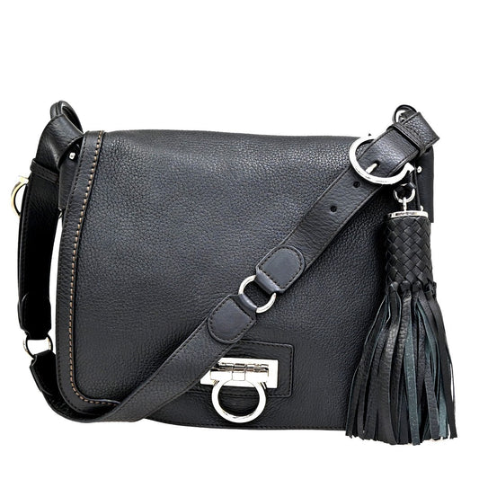 SALVATORE FERRAGAMO Gancini Shoulder Bag Leather Black SHW Italy 34RF978