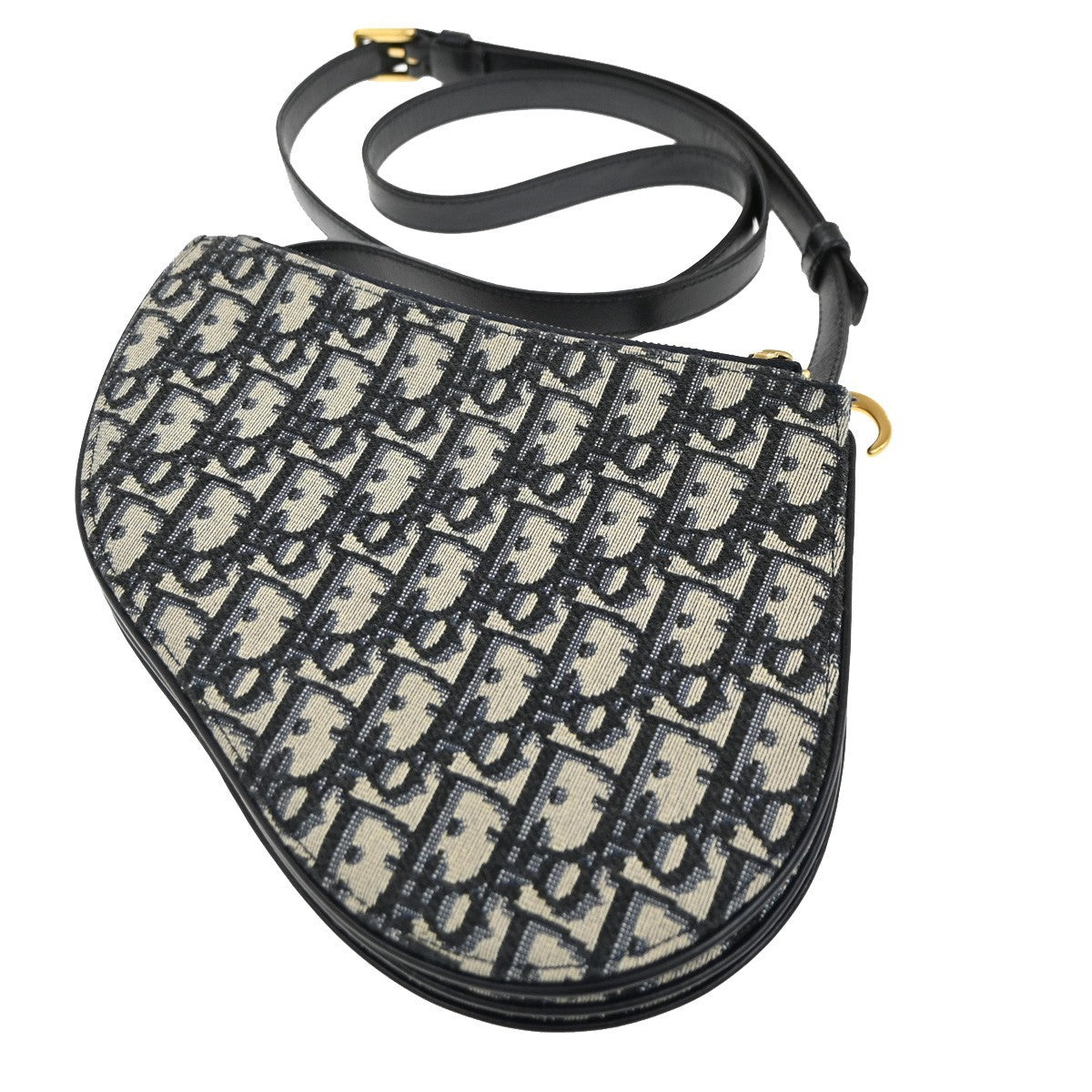 CHRISTIAN DIOR Trotter Saddle Shoulder Bag Canvas Leather Navy Blue 663RF899