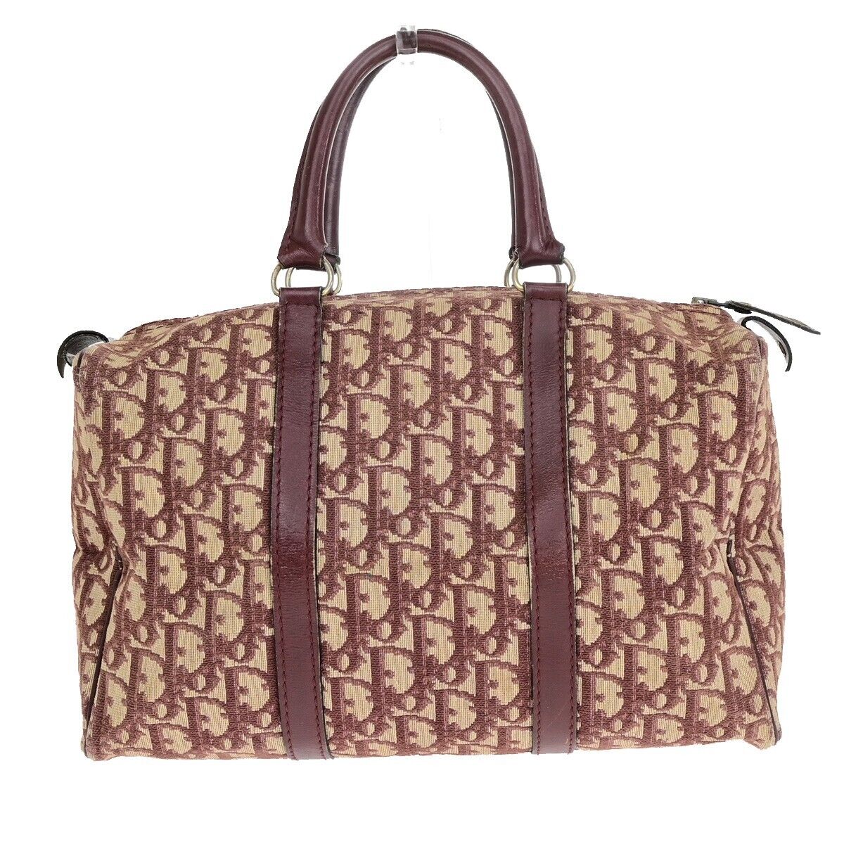 CHRISTIAN DIOR Logo Trotter Pattern Hand Bag Canvas Leather Bordeaux GHW 31EB476