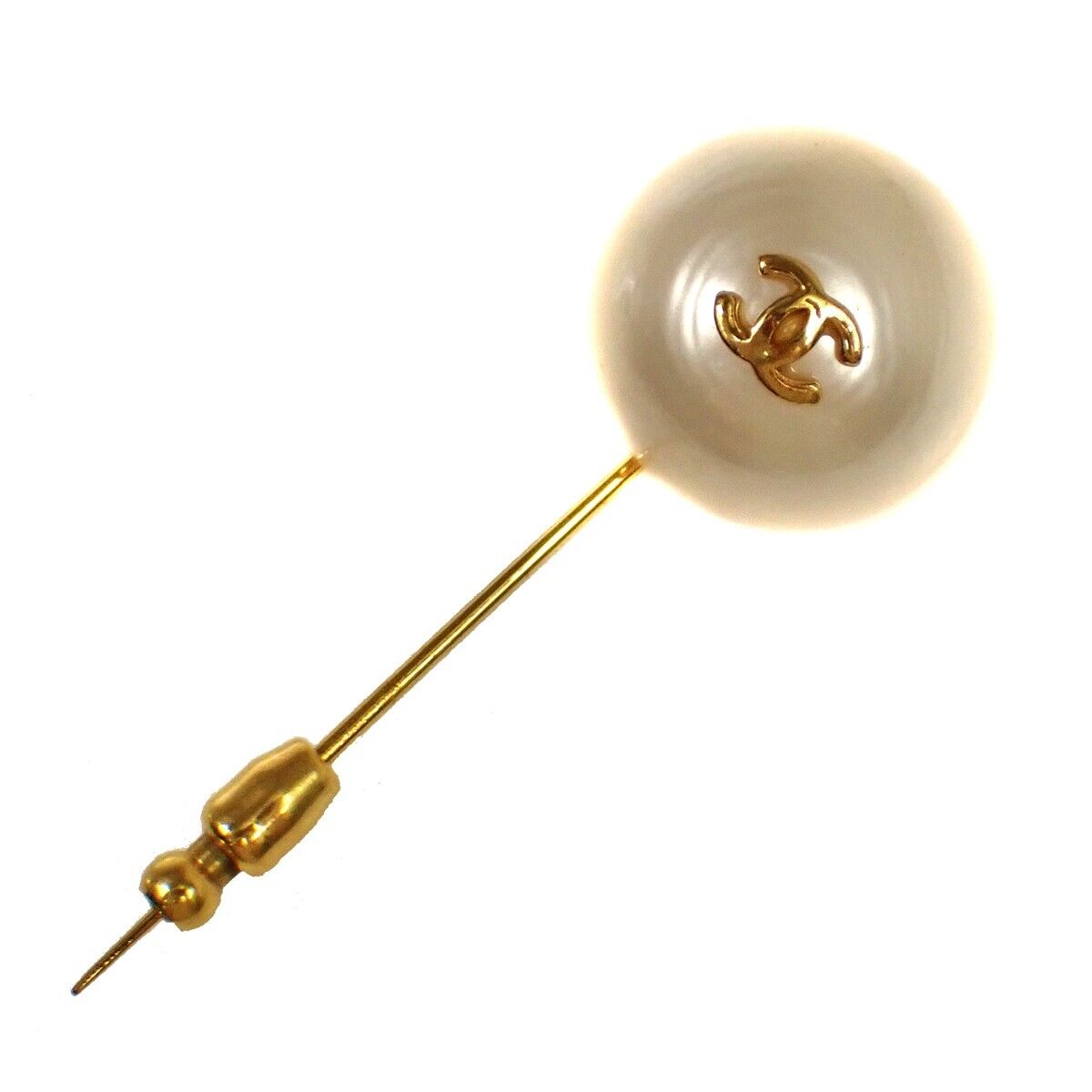 CHANEL CC Logo Pin Brooch 28 Imitation Pearl GHW France Accessory VTG 61GA323