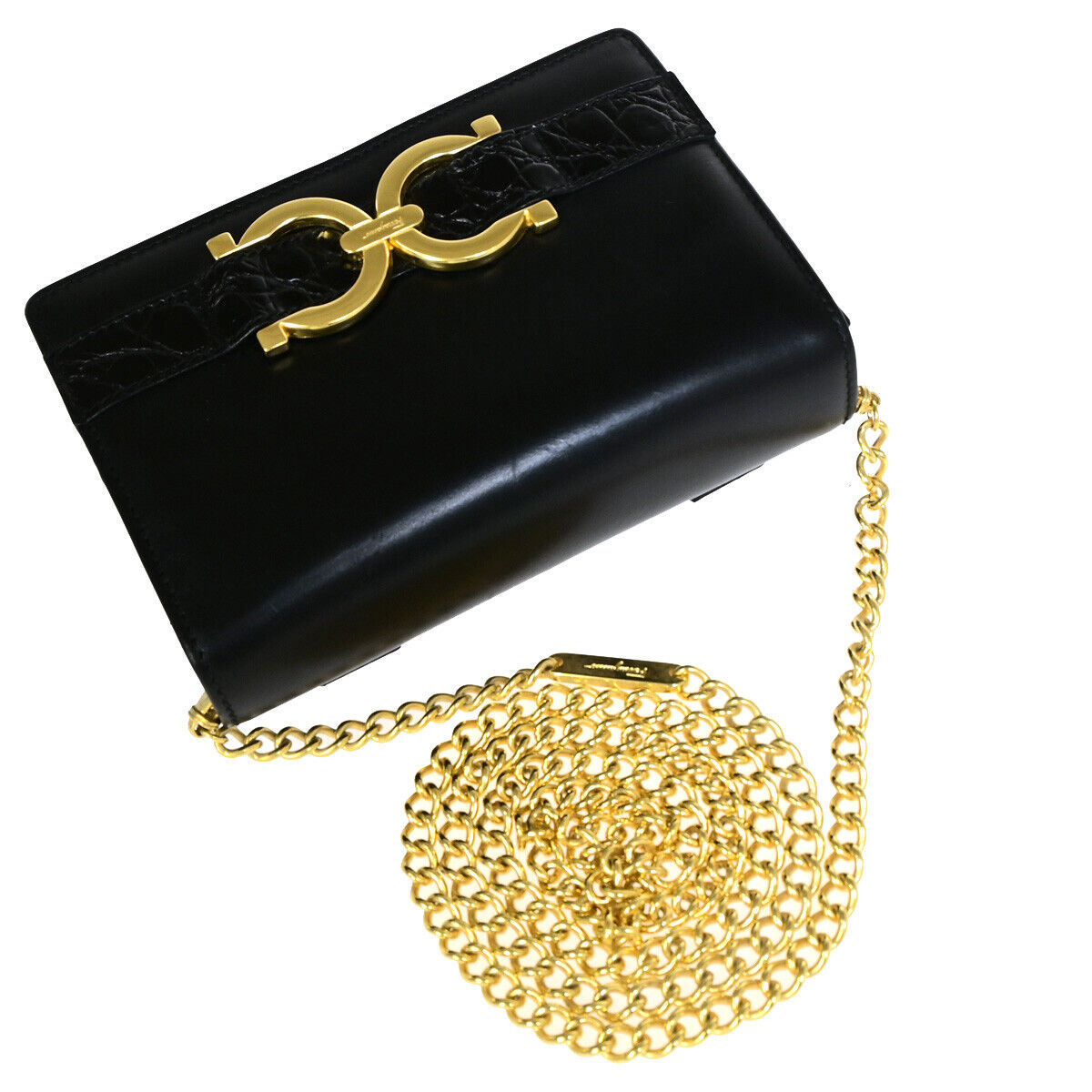 SALVATORE FERRAGAMO MIni Chain Shoulder Bam Bag Embossing Leather GHW 67SJ078
