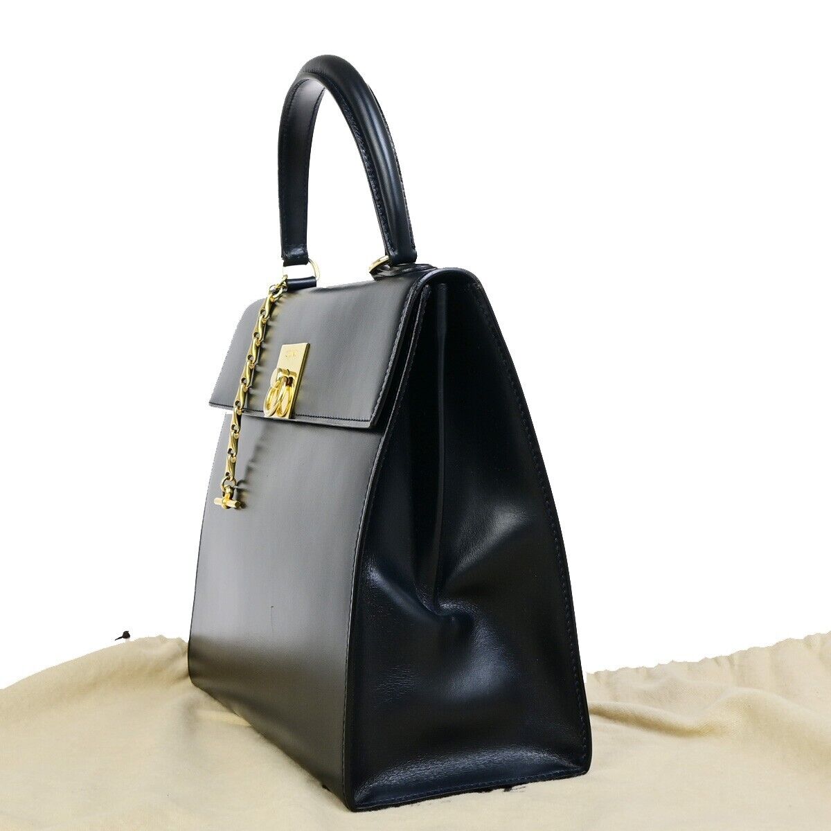 CELINE Logo Top Handle Hand Bag Leather Navy Blue GHW Made in Italy 34EC891
