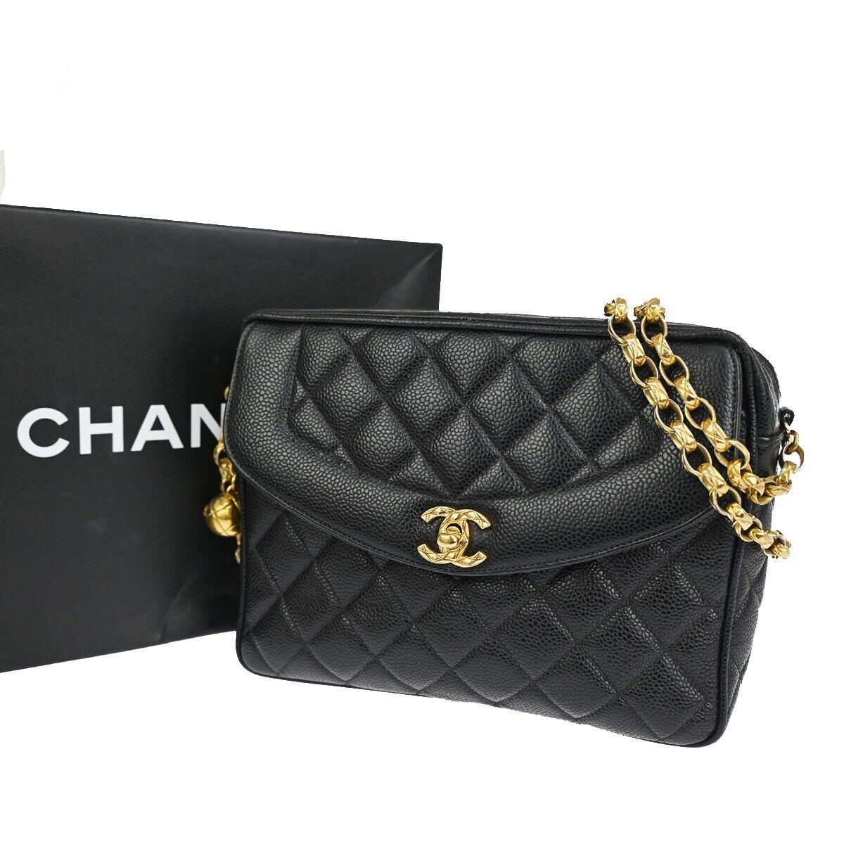 CHANEL CC Logo Chain Shoulder Bag Caviar Skin Leather Black GHW France 876RJ162