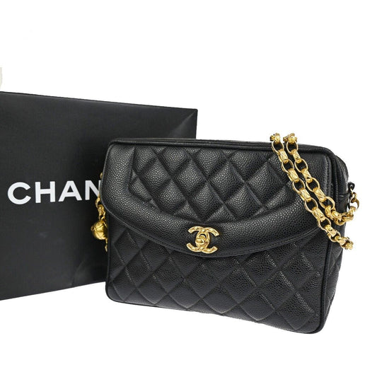 CHANEL CC Logo Chain Shoulder Bag Caviar Skin Leather Black GHW France 876RJ162