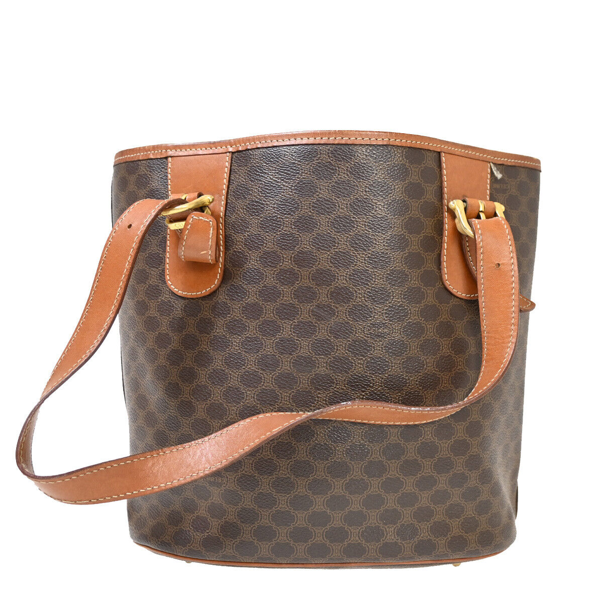 CELINE Logo Macadam Pattern Shoulder Tote Bag PVC Leather Brown GHW 33YE326