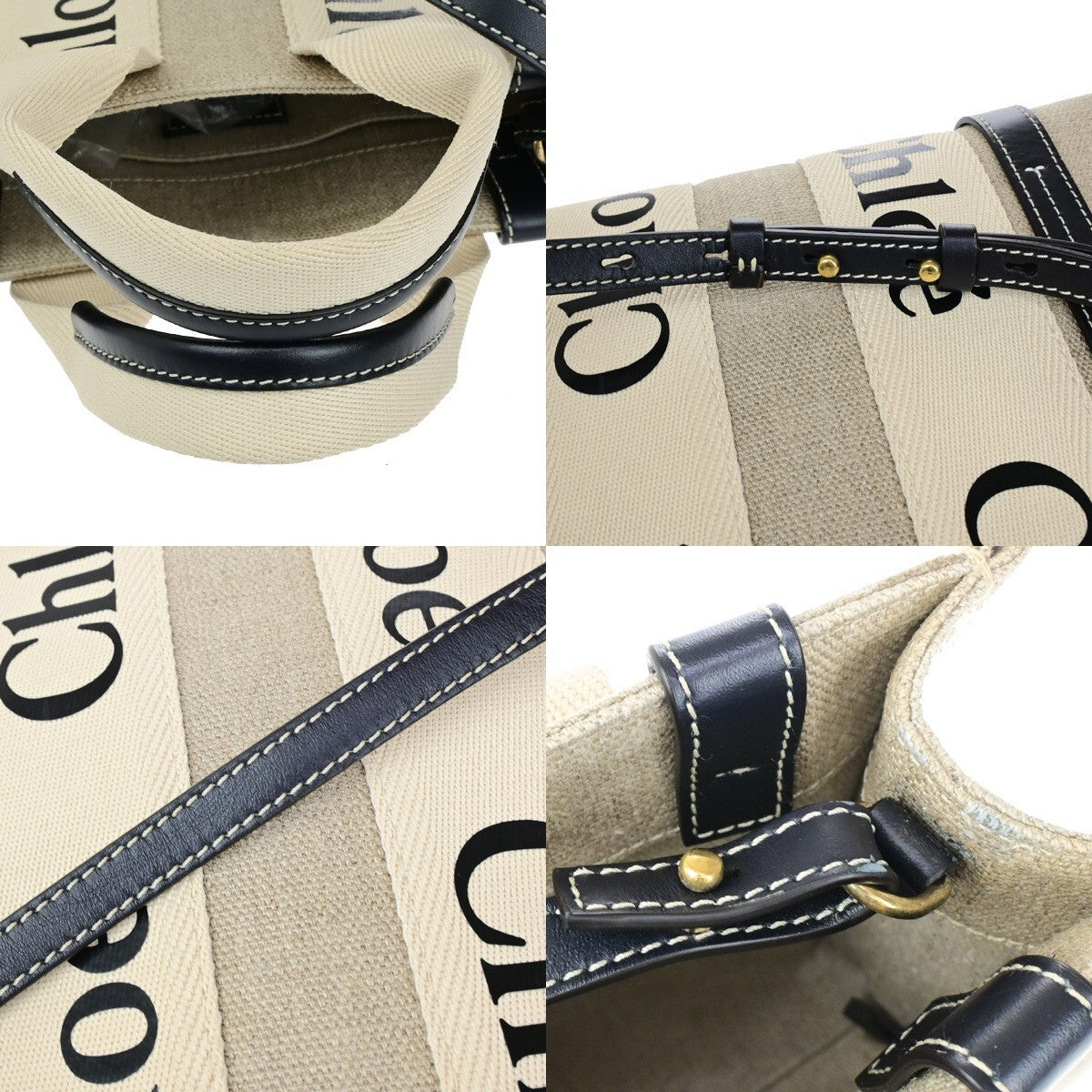 CHLOE Woody Tote Shoulder Hand Bag 2Way Canvas Leather White Navy GHW 90RK538