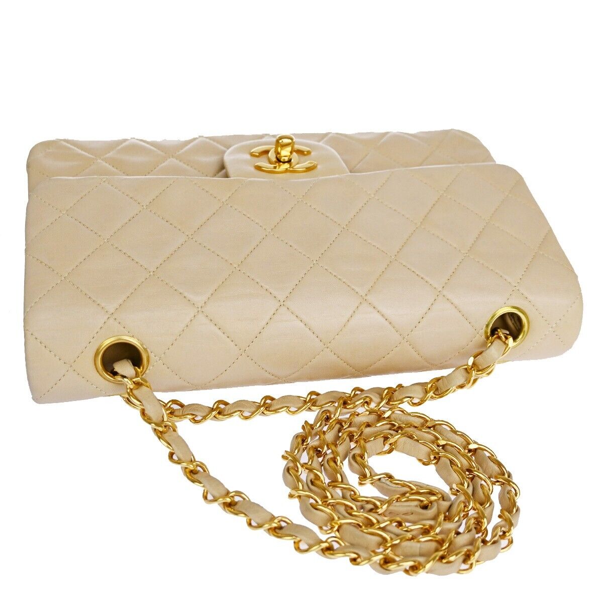 CHANEL CC Matelasse 23 Double Flap Chain Shoulder Bag Leather Beige GHW 708RJ451