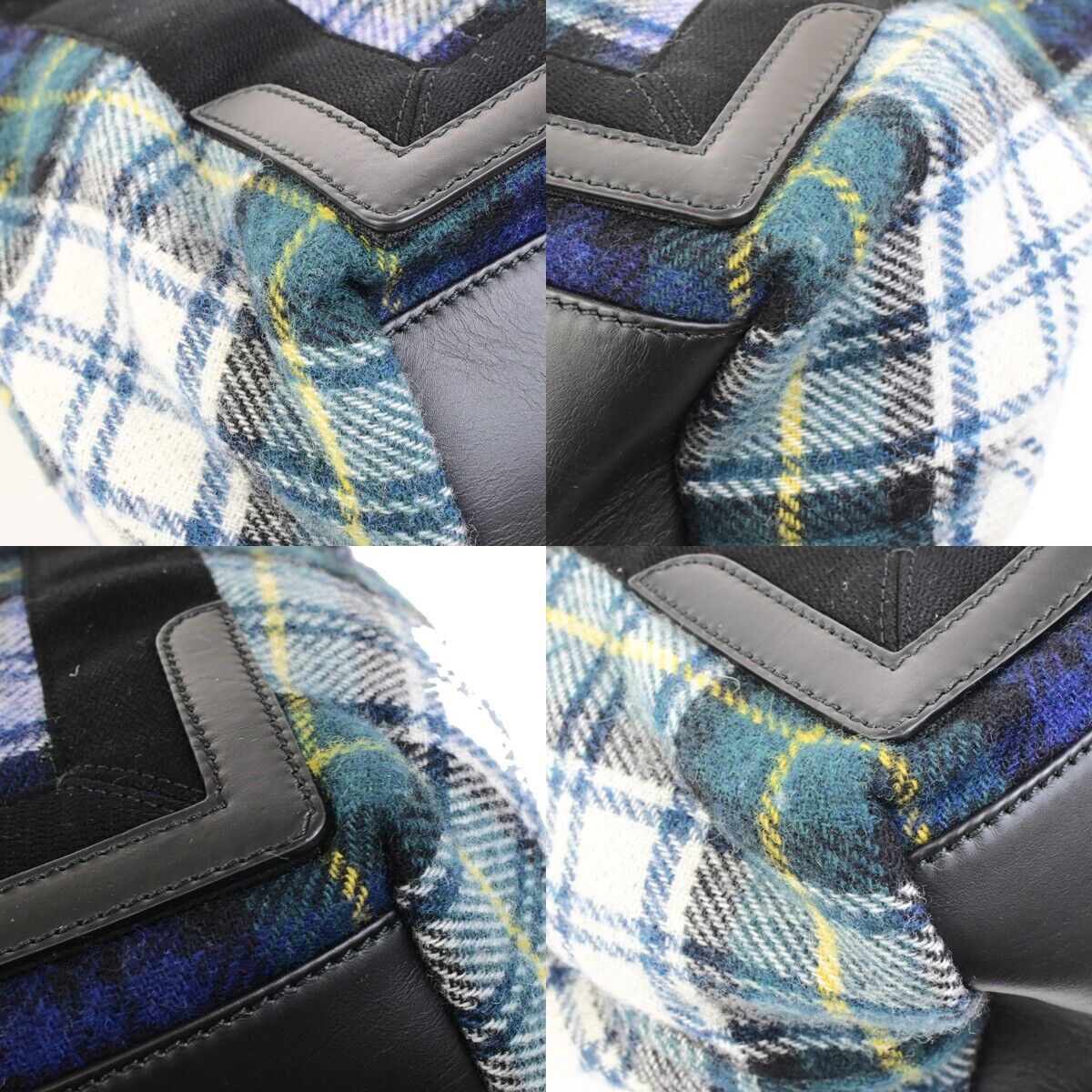 BALENCIAGA Navy Cabas S Hand Tote Bag Check Wool Leatehr Green Black 75KA432