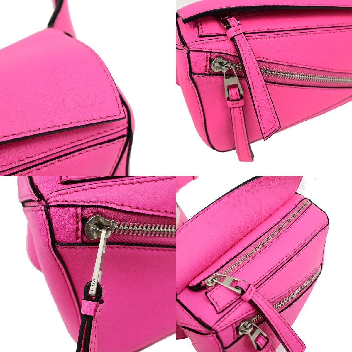 LOEWE Logo Puzzle Mini Body Shoulder Bag Leather Neon Pink SHW Spain 684RQ079
