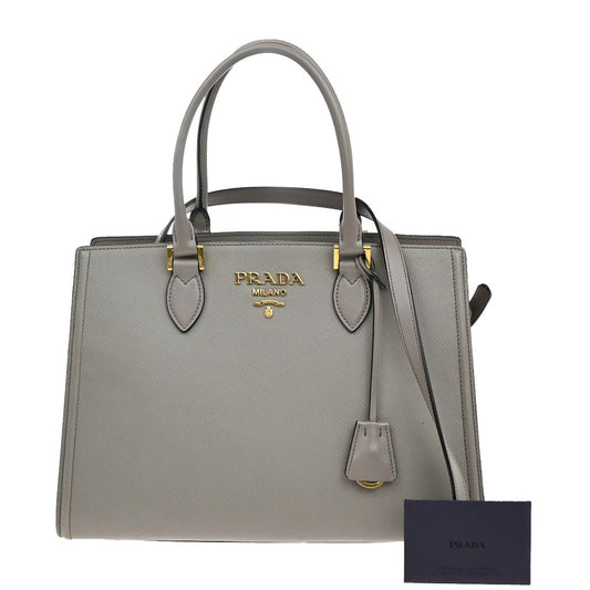 PRADA Logo Saffiano 2Way Shoulder Hand Tote Bag Leather Gray GHW 51RF290