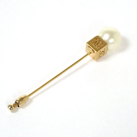 CHANEL CC Logo Pin Brooch 02A Imitation Pearl GHW Italy Accessory 69RH944