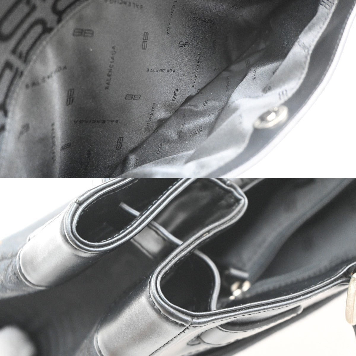 BALENCIAGA Logo BB Pattern Tote Hand Bag Canvas Leather Black SHW 67KD106