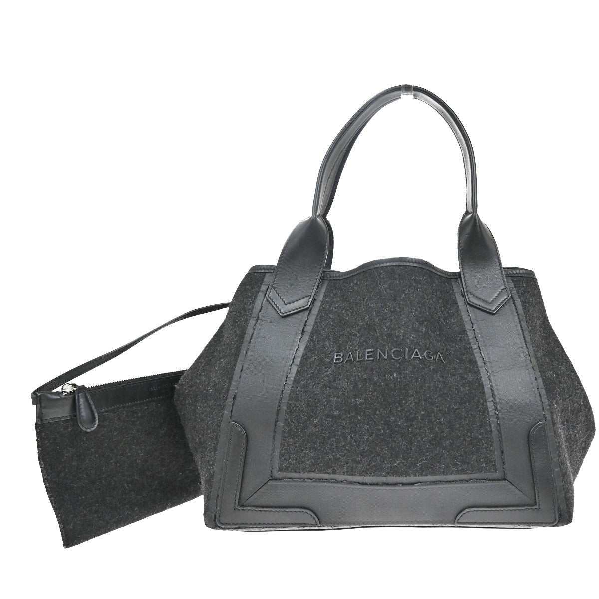 BALENCIAGA Logo Navy Cabas S Hand Bag Wool Felt Fabric Leather Black 30YH822