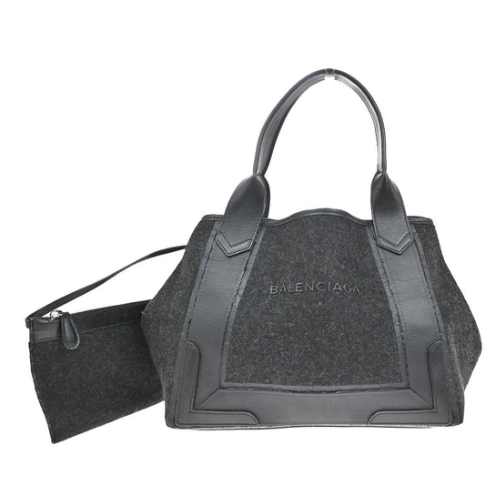 BALENCIAGA Logo Navy Cabas S Hand Bag Wool Felt Fabric Leather Black 30YH822