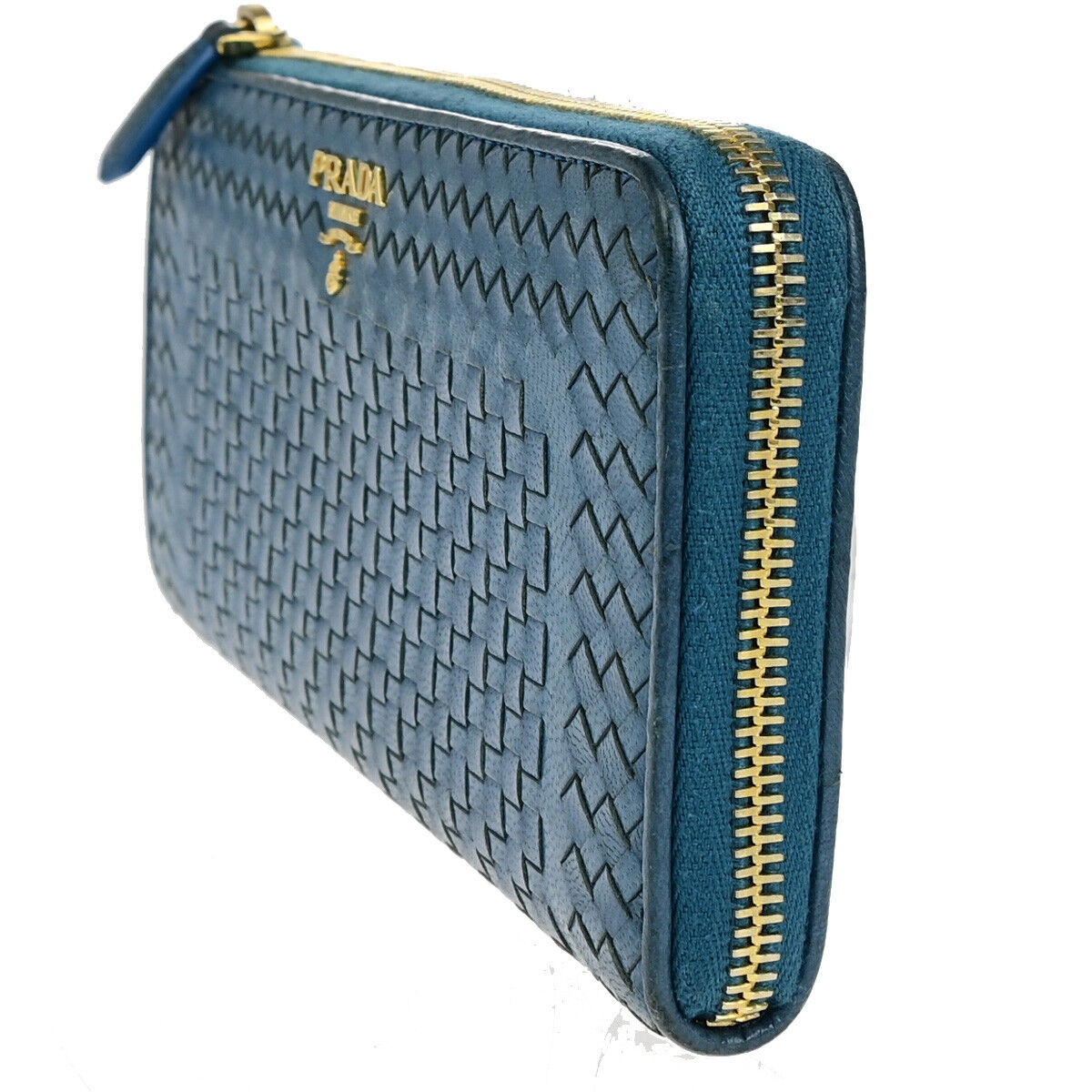 PRADA Logo Madras Long Zipper Long Wallet Pursr Blue GHW Voyage 09YG620