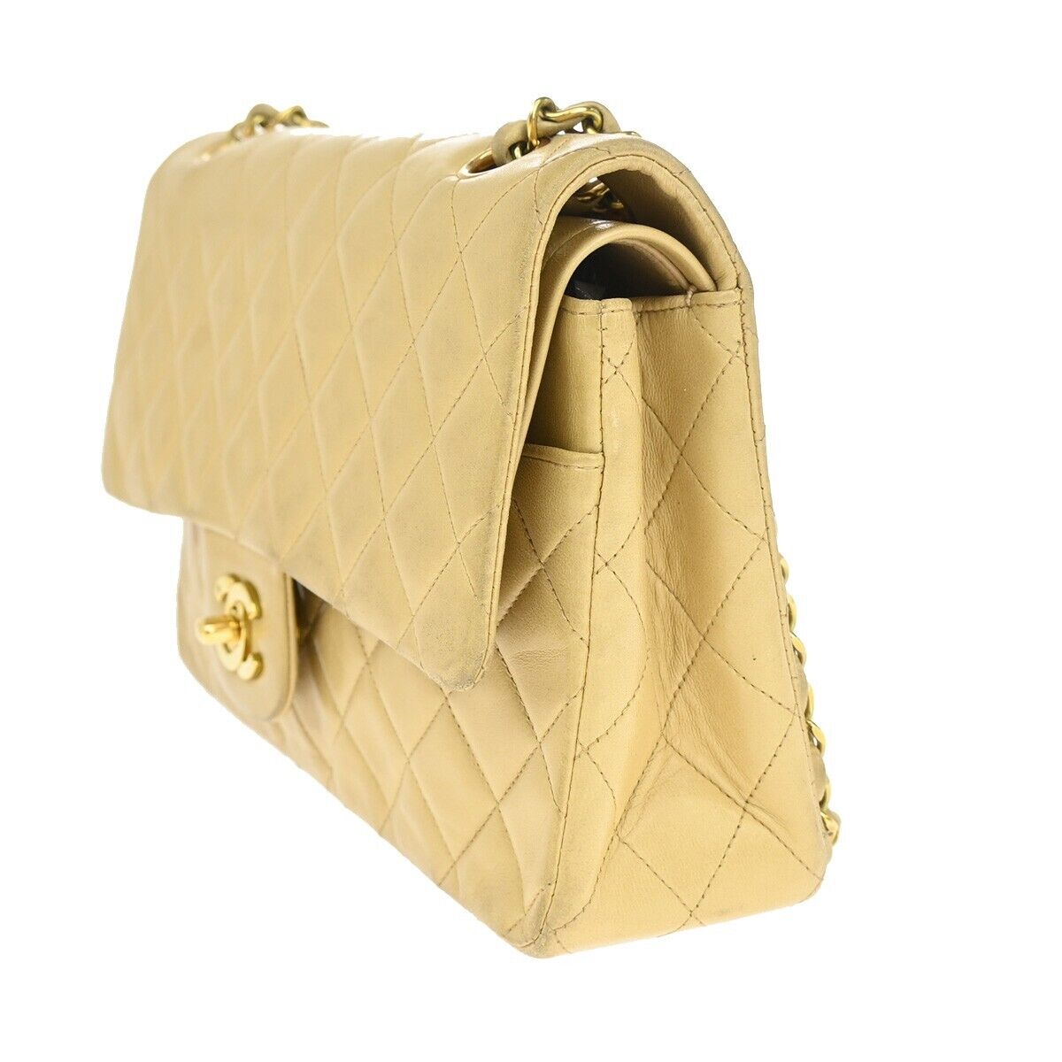 CHANEL CC Matelasse 25 Double Flap Chain Shoulder Bag Leather Beige GHW 381RJ843