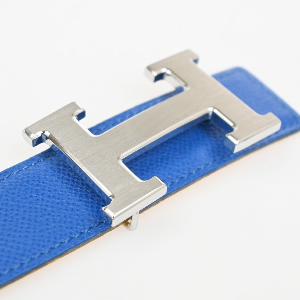 HERMES H Logo Constance Reversible Buckle Belt Leather #80 SHW Blue YW 82KC662