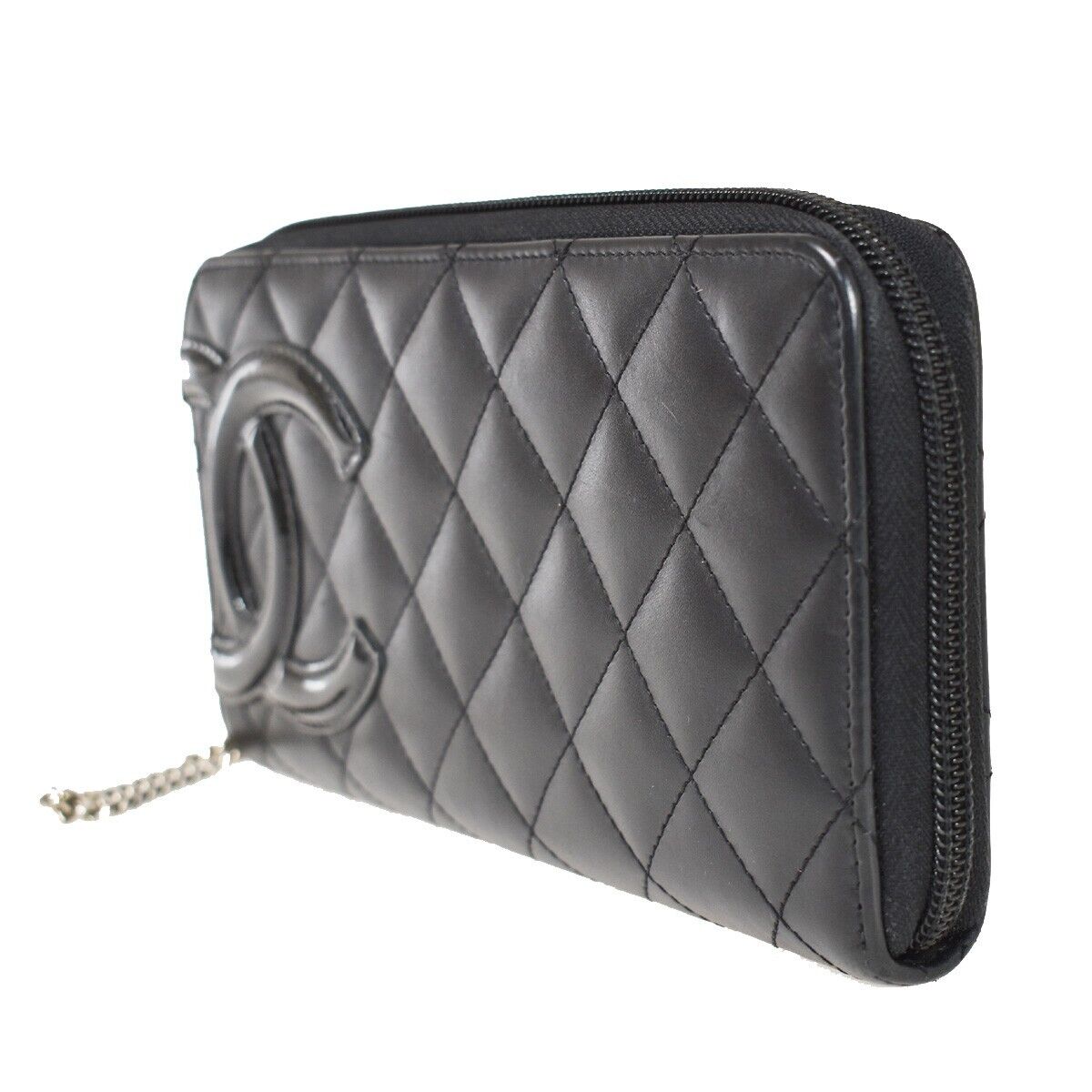 CHANEL CC Cambon Long Zipper Bifold Wallet Patent Leather Black SHW 75YC568