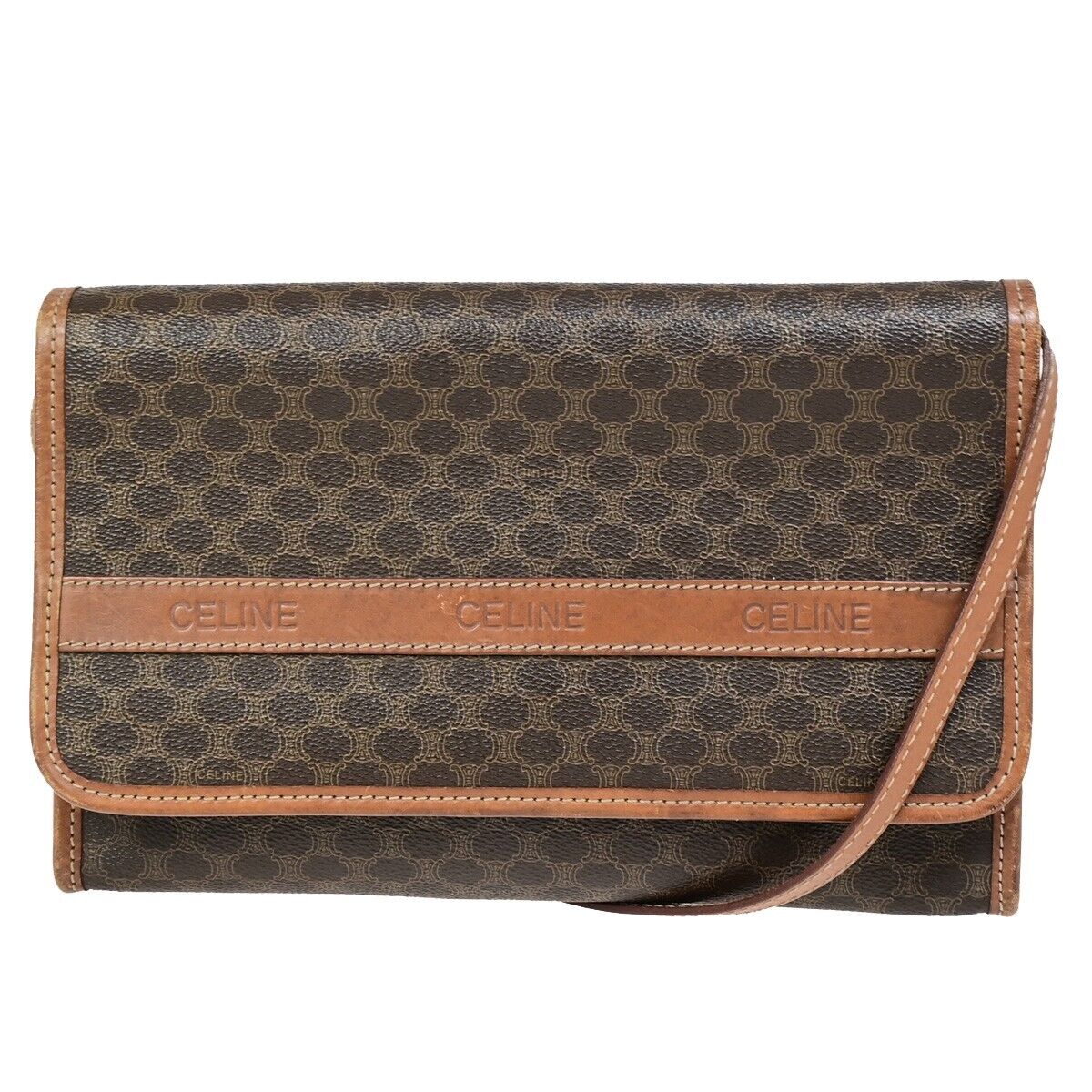 CELINE Logo Macadam Pattern Crossbody Shoulder Bag PVC Leather Brown 62SH929