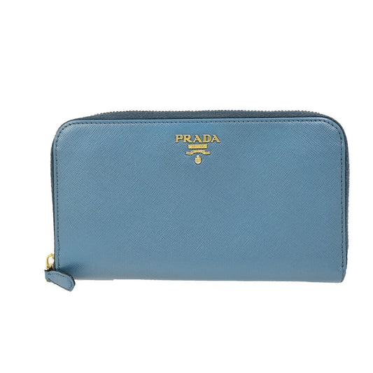 PRADA Logo Saffiano Long Zipper Around Wallet Leather Blue GHW Italy 30YF138