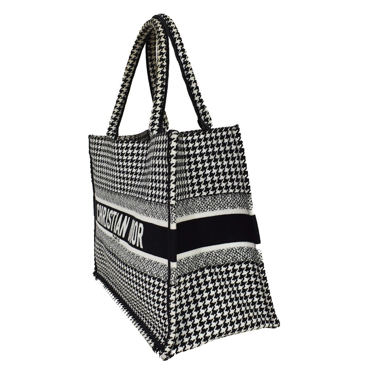 CHRISTIAN DIOR Book Tote Medium Hand Bag Houndstooth Canvas Leather BK 307LC341