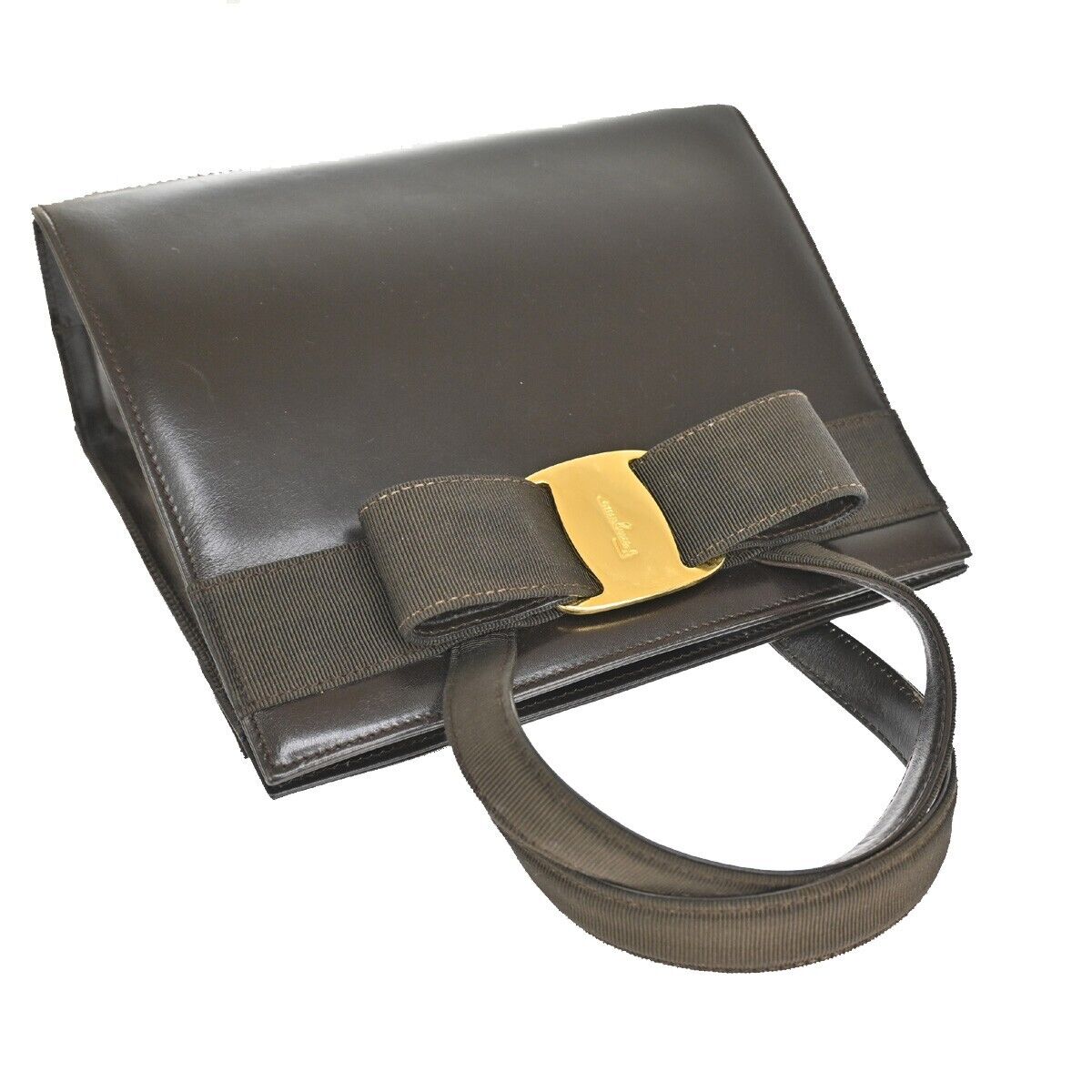SALVATORE FERRAGAMO Logo Vara Hand Bag Canvas Leather Brown Gold Italy 62YD714