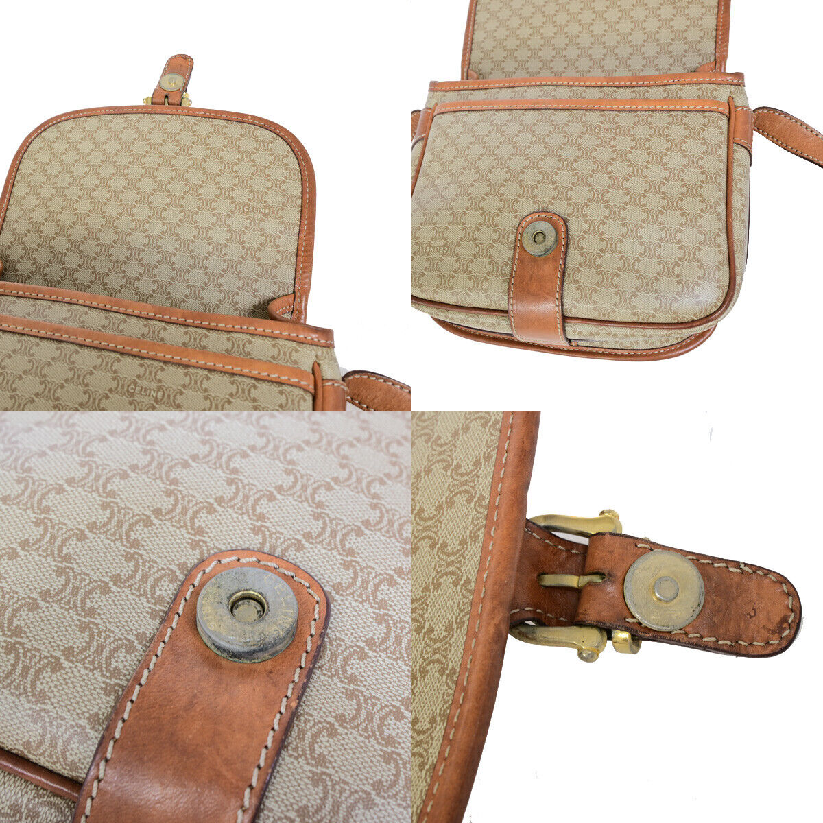 CELINE Logo Macadam Pattern Shoulder Tote Bag PVC Leather Brown GHW 30SJ064