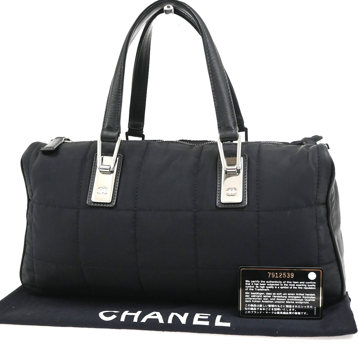 CHANEL CC Chocolate Bar Travel Hand Bag Nylon Leather Black SHW Italy 93RQ028