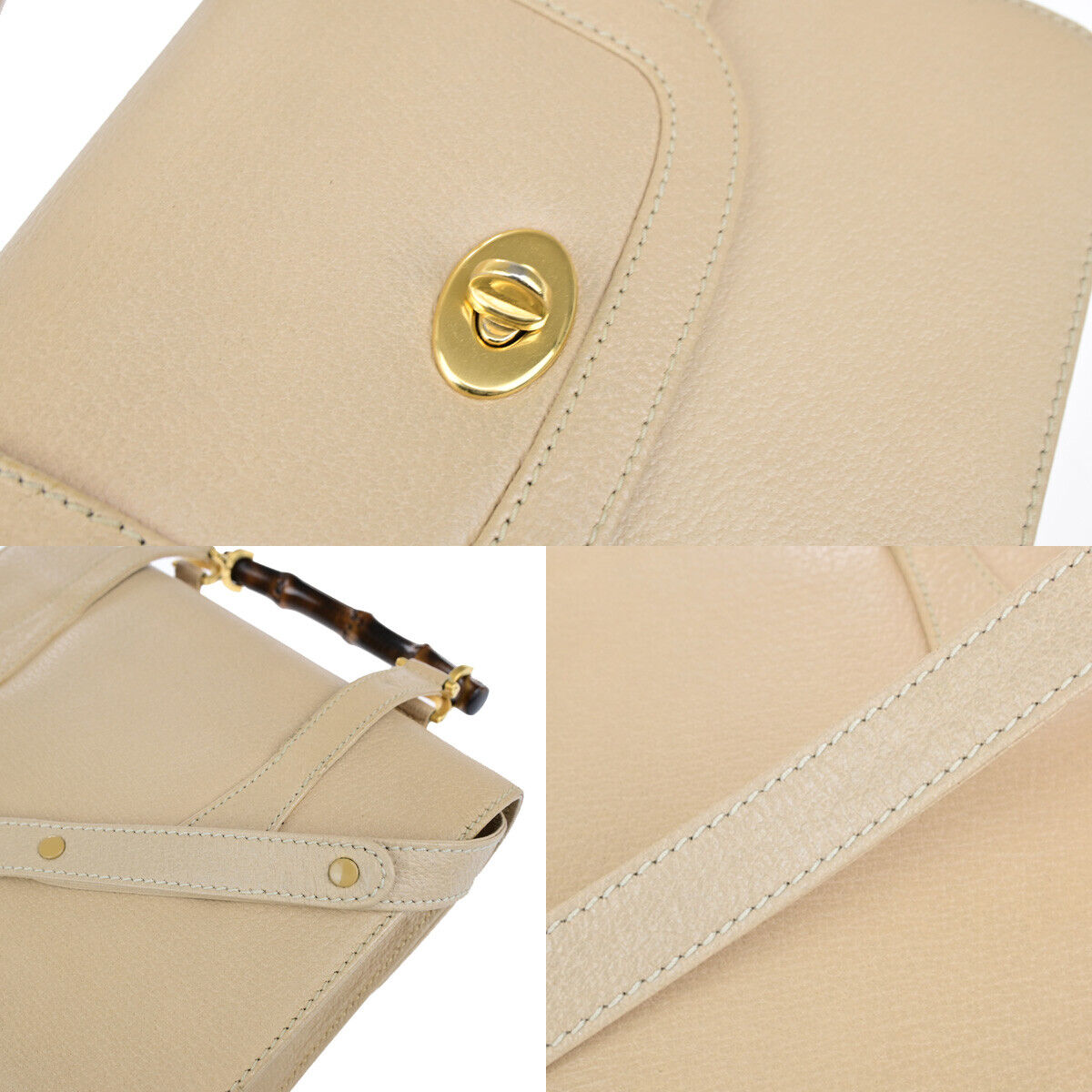 GUCCI Logo Bamboo 2Way Shoulder Hand Bag Leather Beige GHW Italy 95YG616
