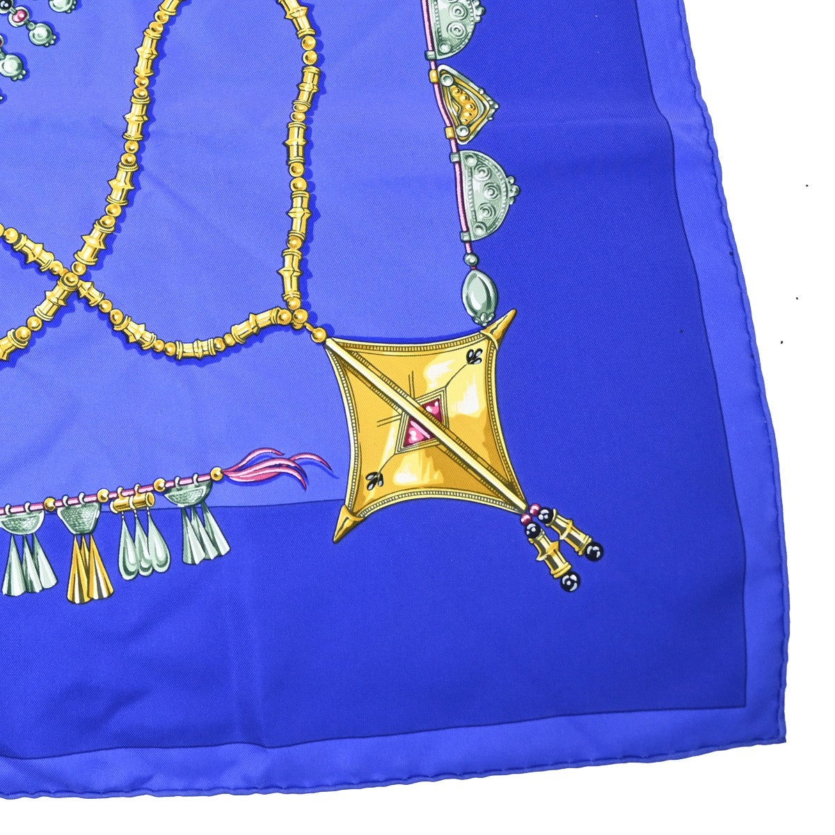HERMES Logo Carre Scarf 90  " PARURES DES SABLES" 100% Silk Blue France 38YJ114