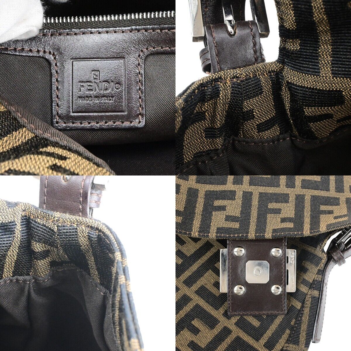 FENDI Logo Mamma Zucca Pattern Shoulder Bag Canvas Leather Brown Italy 25ED280