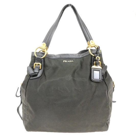 PRADA Logo Tessuto Shoulder Hand Bag Nylon Leather Brown Khaki GHW 81EE120