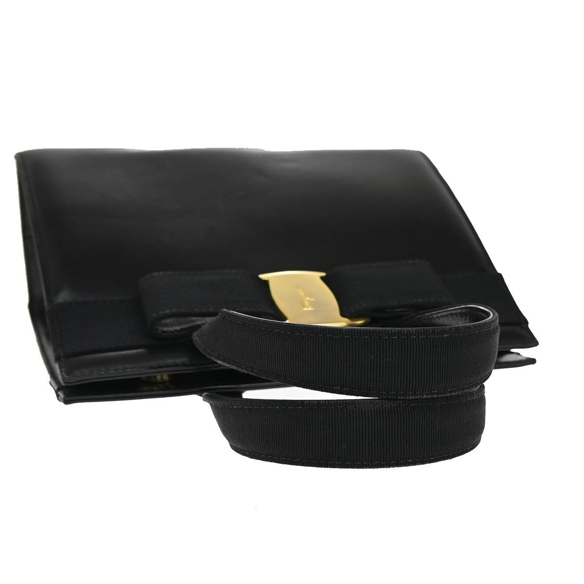 SALVATORE FERRAGAMO Logo Vara Hand Bag Leather Canvas Black GHW Italy 64KB165
