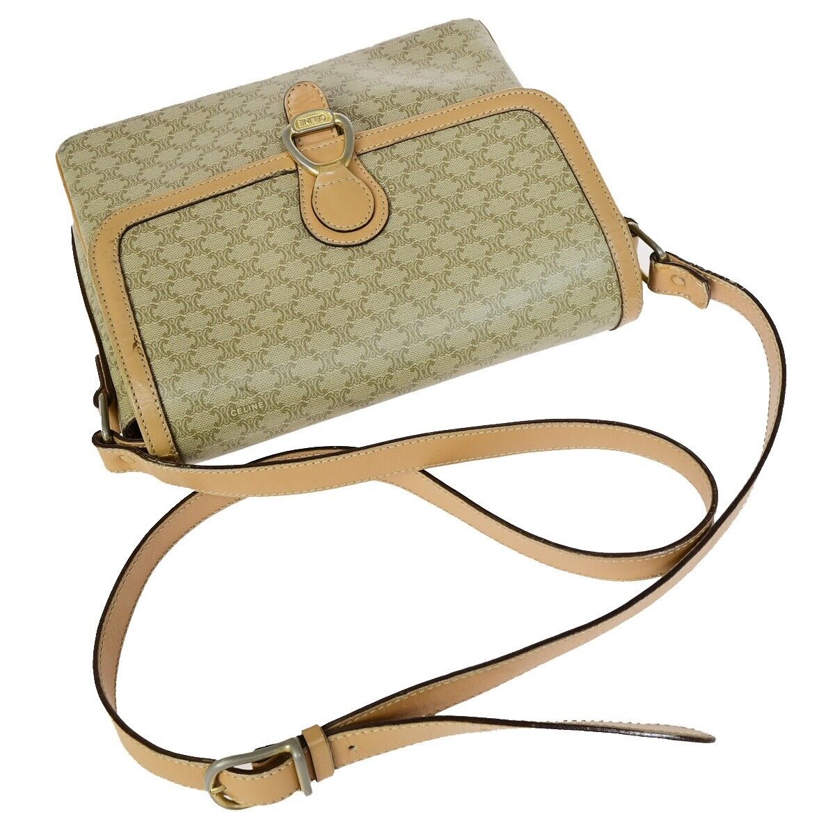 CELINE Logo Macadam Pattern Shoulder Bag PVC Leather Beige Italy 68EB396
