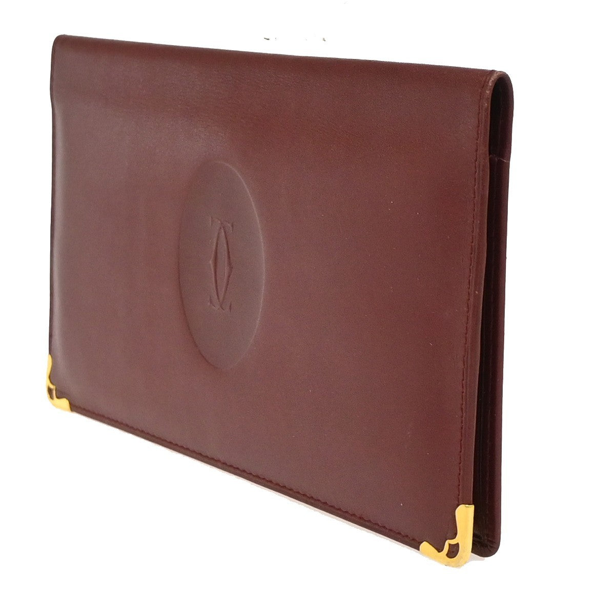 Cartier 2C Logo Bifold Long Wallet Purse Leather Bordeaux Gold Spain 08ZA228