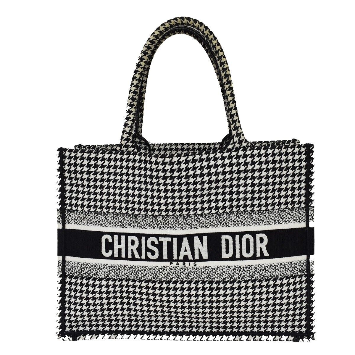 CHRISTIAN DIOR Book Tote Medium Hand Bag Houndstooth Canvas Leather BK 307LC341