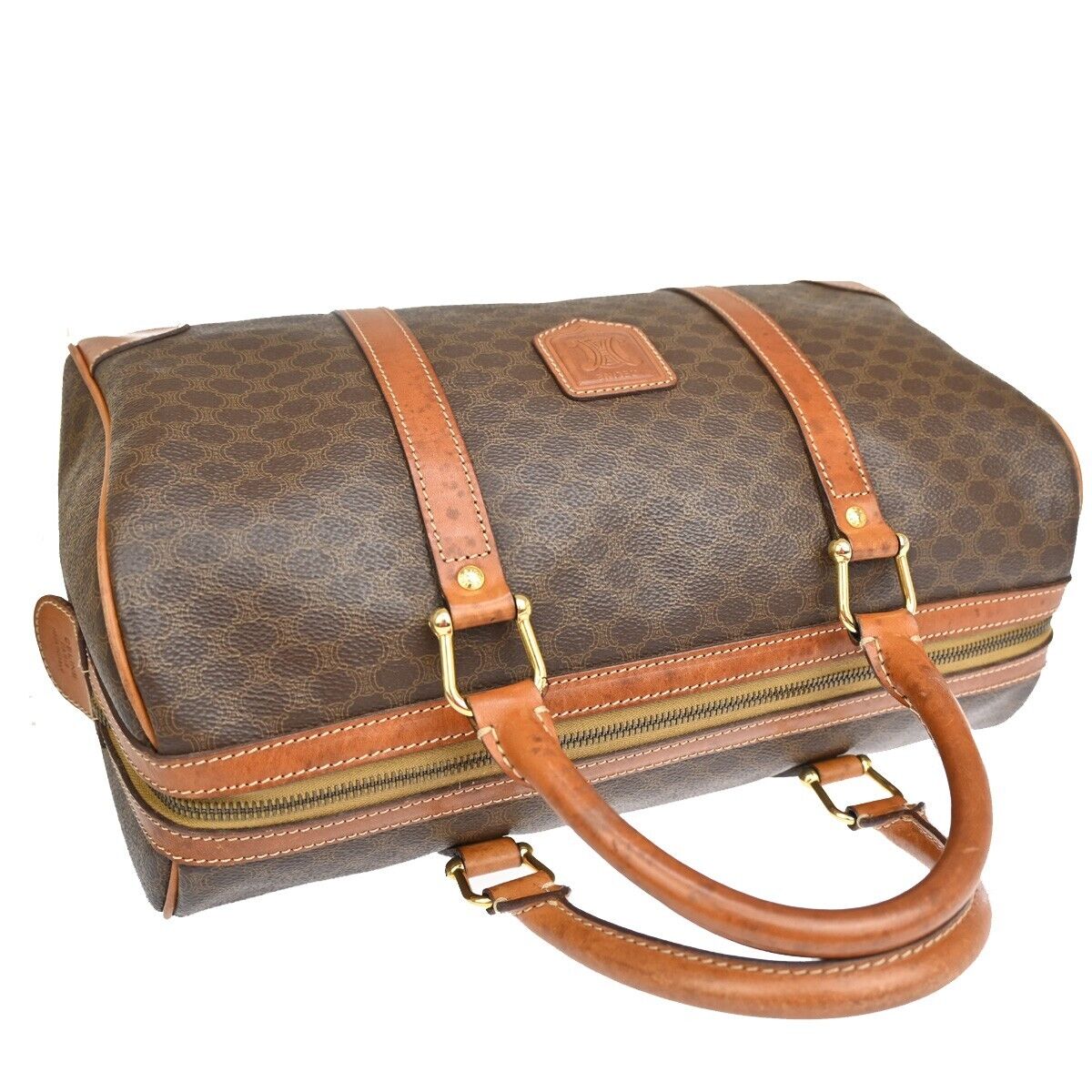 CELINE Macadam Pattern Travel Hand Bag PVC Leather Brown Gold Italy 68FA415