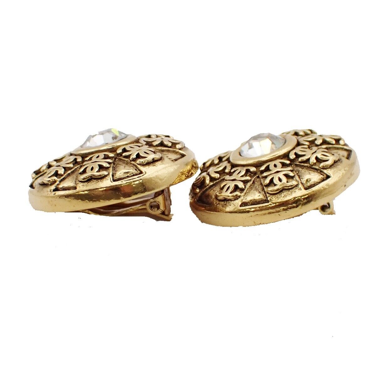 CHANEL CC Logo Rhinestone Round Button Earrings 23 Clip-On GHW Vintage 84YE513