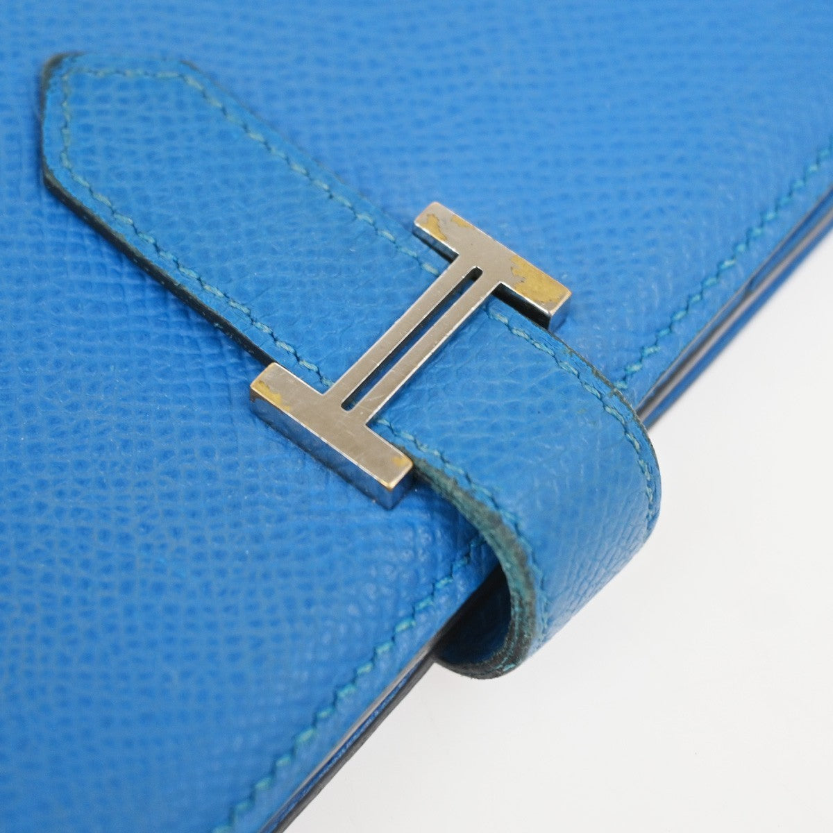 HERMES Logo Bearn Long Bifold Wallet Purse Epson Leather Blue SHW 65RQ023