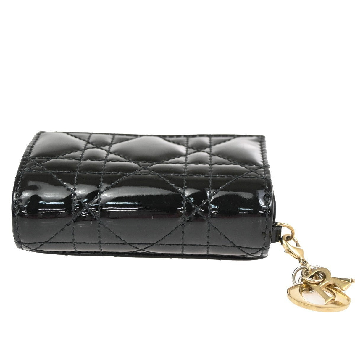 CHRISTIAN DIOR Logo Cannage Trifold Compact Wallet Patent Leather Black 34KC613