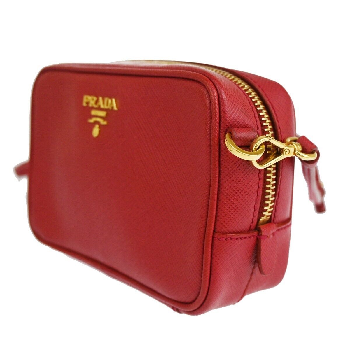 PRADA Saffiano Mini Crossbody Shoulder Bag Leather Red Fuoco Gold Italy 42RJ471