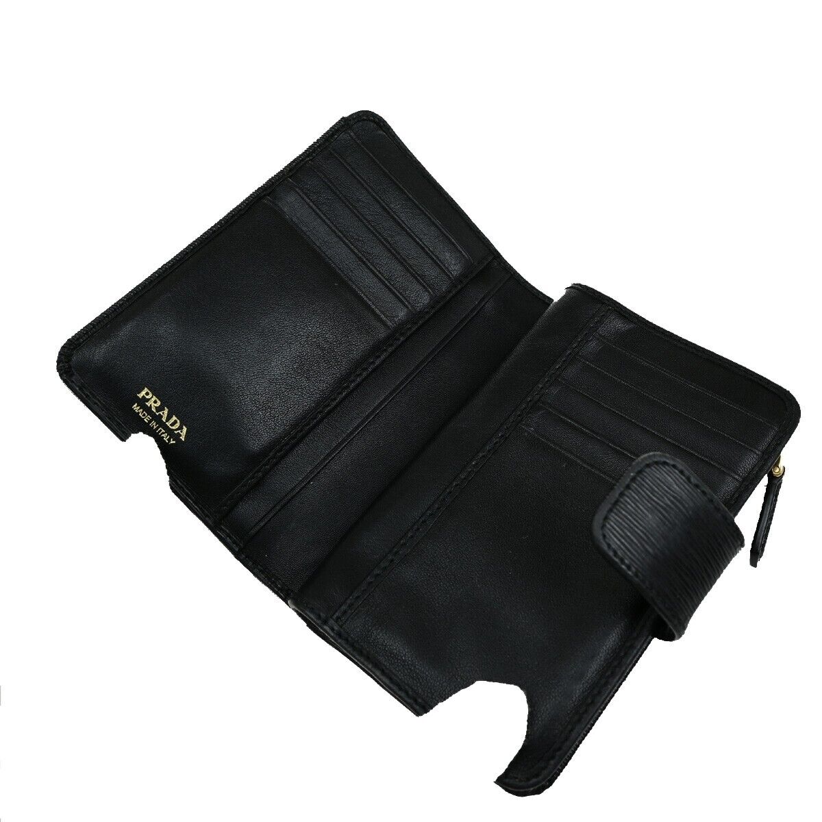 PRADA Logo Bifold Wallet Purse Leather Black Gold GHW Italy 60YG988