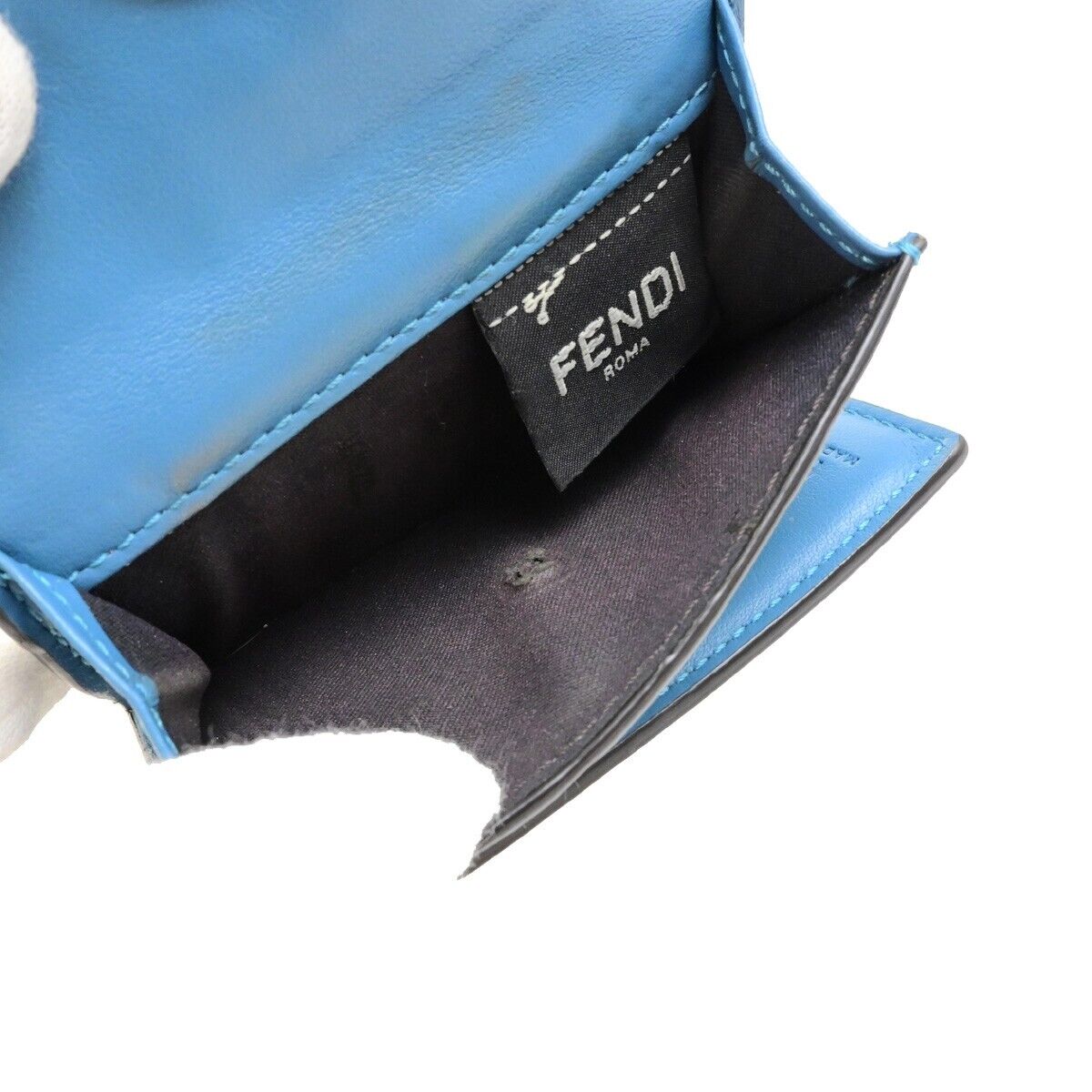 FENDI Zucca Pattern Mini Trifold Compact Wallet Leather Blue White Italy 61KA542