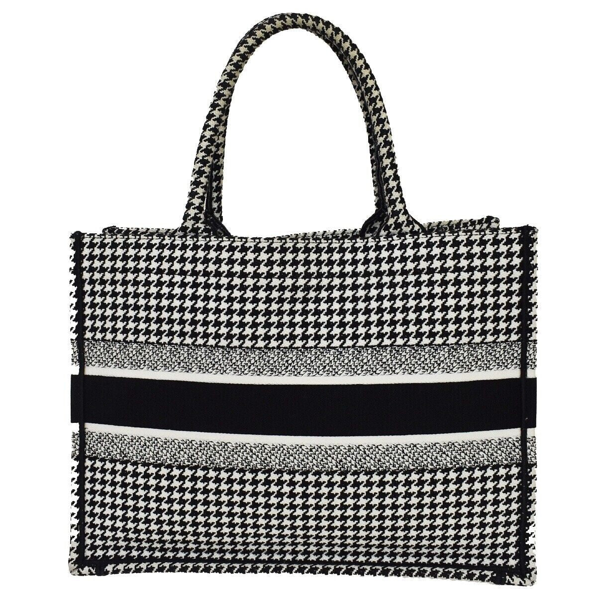 CHRISTIAN DIOR Book Tote Medium Hand Bag Houndstooth Canvas Leather BK 307LC341