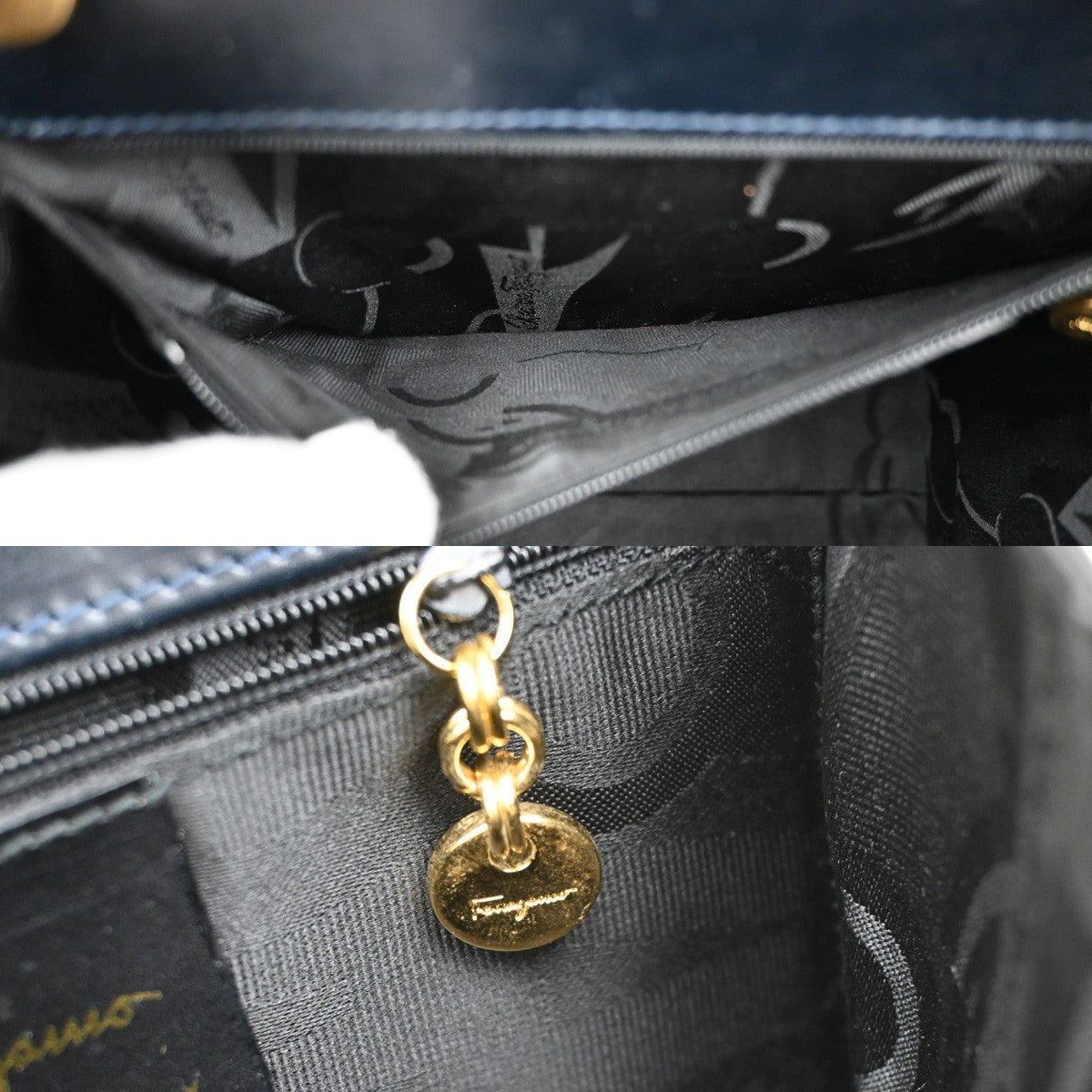 SALVATORE FERRAGAMO Logo Vara 2Way Hand Bag Canvas Leather Navy Blue GHW 38AA041