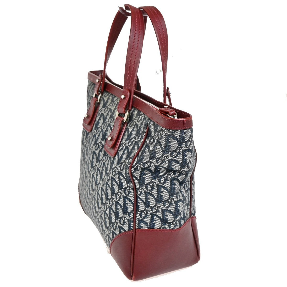 CHRISTIAN DIOR Trotter Pattern Hand Bag Canvas Leather Navy Blue Red 16EE257