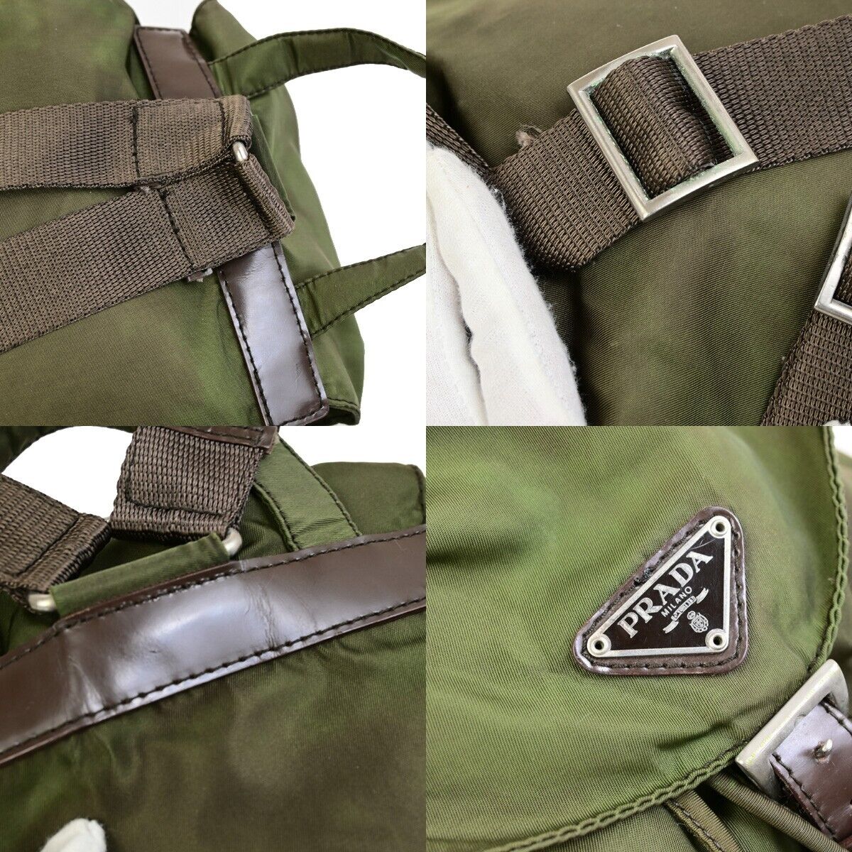 PRADA MILANO Logo Small Backpack Bag Nylon Leather Green Brown Italy 62FB353